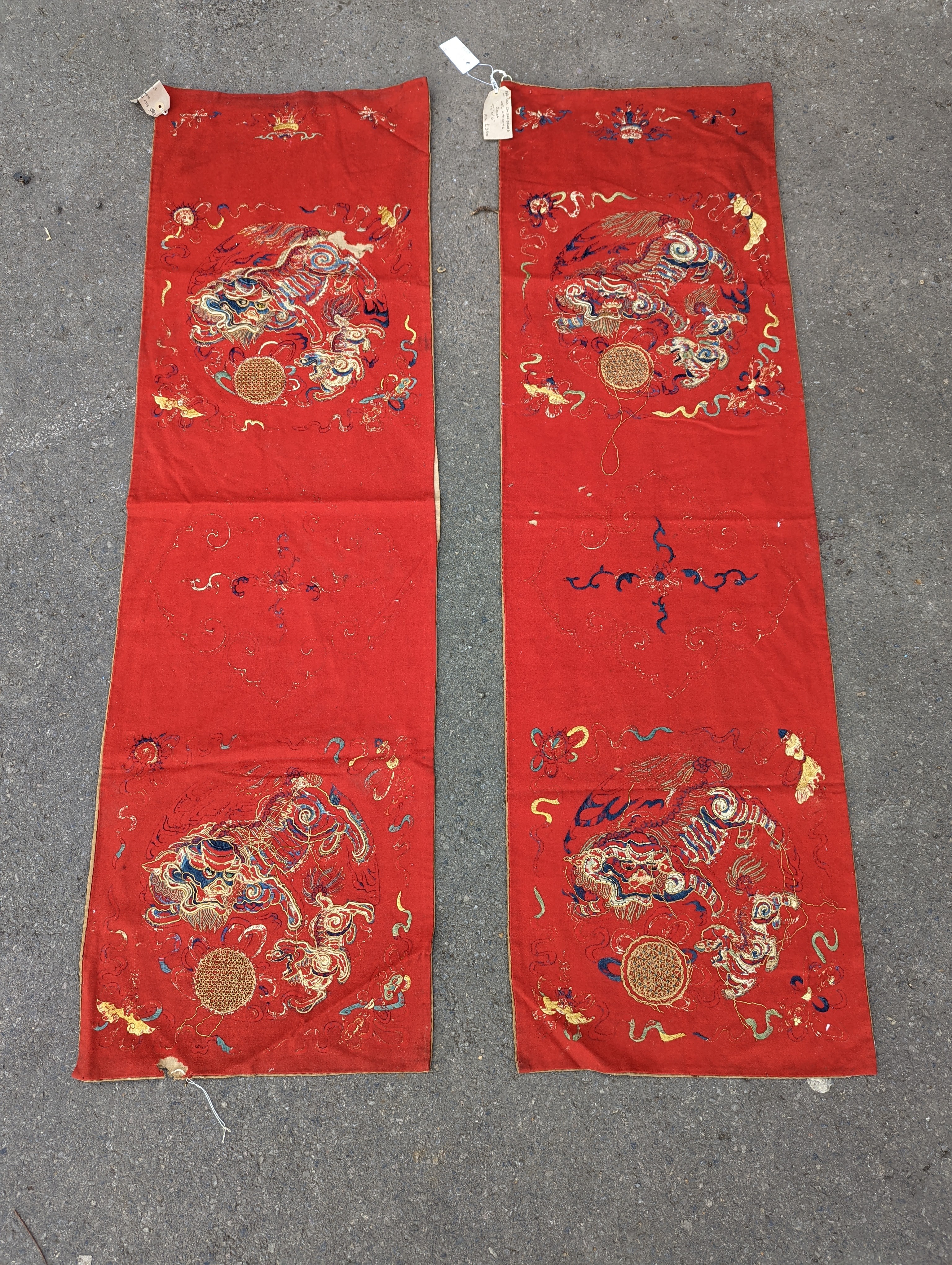 A pair of Chinese silk embroidered wall hangings, 46 x 152cm